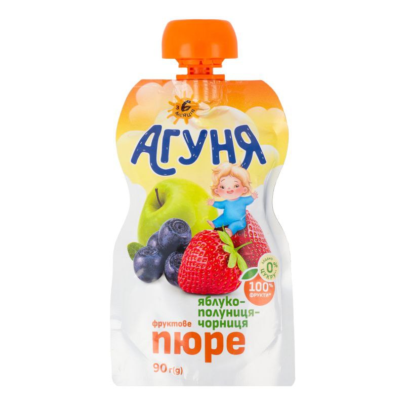 Пюре Агуня Яблуко-Полуниця-Чорниця 90 г дой-пак 